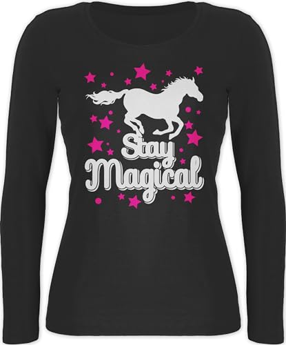 Langarmshirt Damen - Pferde - Stay Magical - S - Schwarz - Geschenk Pferd mädchen Frauen Reiterin Erwachsene reiten zum Reiter Outfit pferdegeschenk Shirt Langarm REIT Klamotten Pferde-Print von Shirtracer