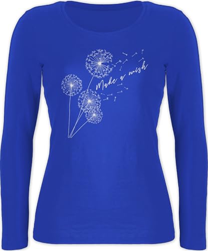 Langarmshirt Damen - Sprüche Statement - Pusteblume Make a Wish Weiß - M - Blau - t Shirt langärmlig Langarm mit Aufschrift Dandelion Shirts Statements pusteblumen Longshirt sprüchen￼ Wish, von Shirtracer