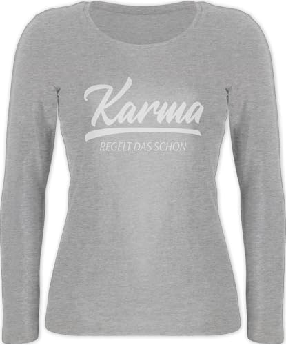 Langarmshirt Damen - Sprüche Statement mit Spruch - Karma regelt das Schon I - XXL - Grau meliert - Shirt Langarm Tshirt sprueche Macht Shirts lustige sprüchen spruechen Oberteil t sprüche, von Shirtracer