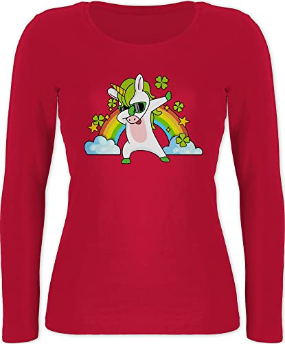 Langarmshirt Damen - St. Patricks Day - Dabbendes Einhorn Kleeblatt Regenbogen - XL - Rot - Irish Party Outfit Sankt dab Shirt Patrick Unicorn Langarm -Shirt Paddys Dabbing Long Sleeve von Shirtracer