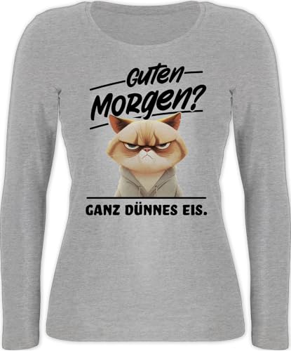 Langarmshirt Damen - Statement - Guten Morgen Ganz dünnes EIS Katzenmotiv I Lustiges Guten Morgen Geschenk Katzenliebhaber I Morgenmuffel Geschenk Spruch grummelige Katze I Grumpy Katze - XS - Grau von Shirtracer