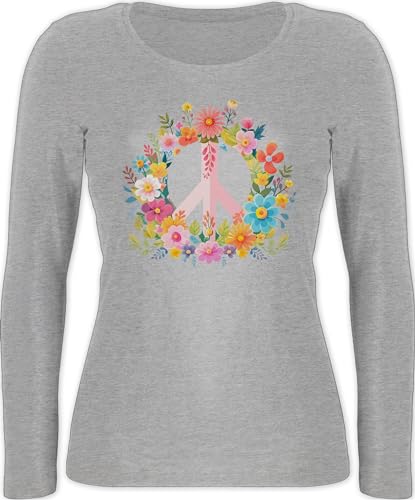 Langarmshirt Damen - Statement - Peace Zeichen I Peacezeichen I Frieden I Hippie Flower Power I 60er I 70er Flowerpower - S - Grau meliert - oberteil sprüche statements langarm mit longsleeve von Shirtracer