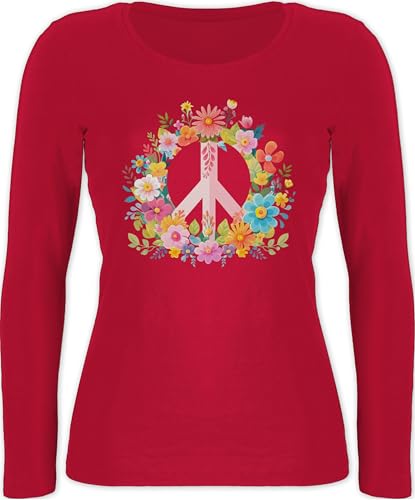 Langarmshirt Damen - Statement - Peace Zeichen I Peacezeichen I Frieden I Hippie Flower Power I 60er I 70er Flowerpower - XXL - Rot - oberteil sprüche statements langarm mit longsleeve tshirt von Shirtracer