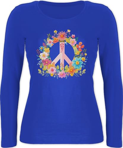 Langarmshirt Damen - Statement - Peace Zeichen I Peacezeichen I Frieden I Hippie Flower Power I 60er I 70er Flowerpower - M - Blau - oberteil sprüche statements langarm mit longsleeve tshirt von Shirtracer