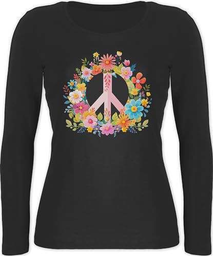 Langarmshirt Damen - Statement - Peace Zeichen I Peacezeichen I Frieden I Hippie Flower Power I 60er I 70er Flowerpower - XL - Schwarz - Oberteil sprüche Statements Langarm mit Longsleeve Tshirt von Shirtracer