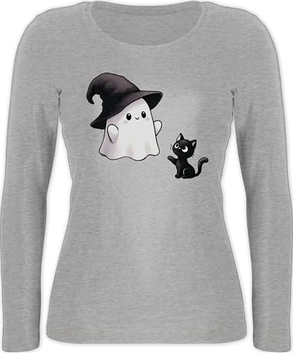 Langarmshirt Damen - Süßes Geister Motiv mit Katze | Halloween Katzenmotiv - L - Grau meliert - Halloween-Langarmshirt Haloween Outfits Shirt Oberteil gruselig halowen Langarm Halloween-Oberteil von Shirtracer