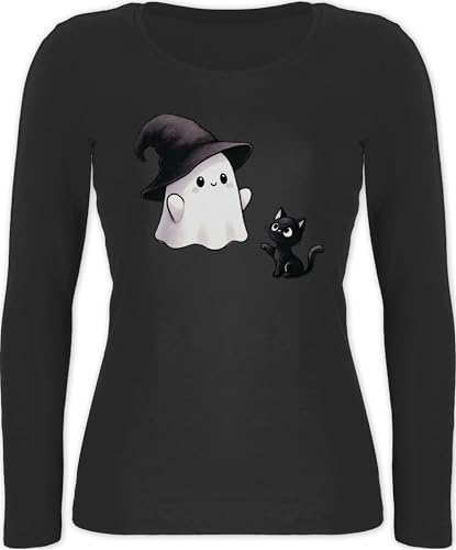 Langarmshirt Damen - Süßes Geister Motiv mit Katze | Halloween Katzenmotiv - L - Schwarz - Halloween-Langarmshirt Haloween Outfits Shirt Oberteil gruselig halowen Langarm Halloween-Oberteil von Shirtracer