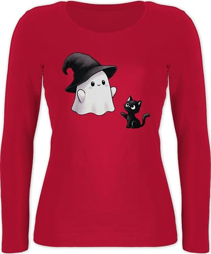 Langarmshirt Damen - Süßes Geister Motiv mit Katze | Halloween Katzenmotiv - M - Rot - Halloween-Langarmshirt Haloween Outfits Shirt Oberteil gruselig halowen Langarm Halloween-Oberteil Helloween von Shirtracer