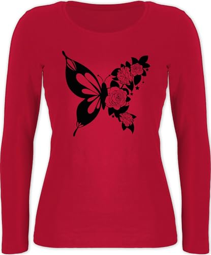 Langarmshirt Damen - Tiere Meerschweinchen Hase & Co. - Schmetterling mit Blumen - schwarz - M - Rot - Shirt Langarm tiermotiv Animal Schmetterlinge Shirts Damen-Shirt tiermotive Schmetterlingen von Shirtracer