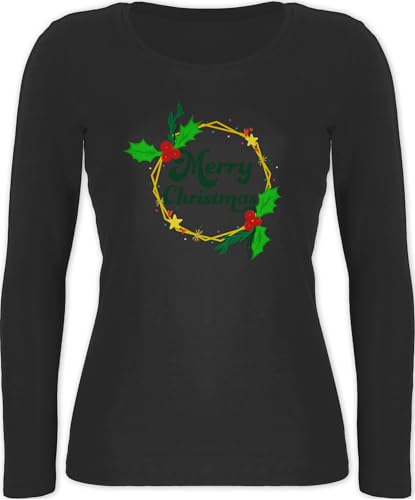 Langarmshirt Damen - Weihnachten Geschenke Bekleidung - Merry Christmas Mistelzweig Kranz - S - Schwarz - Weihnachts Oberteil weihnachtsshirt weihnachtsmotiv Shirt Schriftzug weihnachtstshirts von Shirtracer
