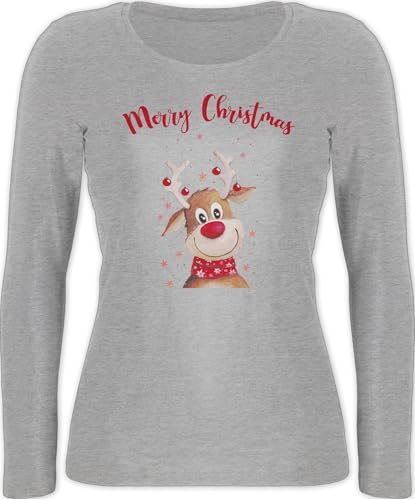 Langarmshirt Damen - Weihnachten - Merry Christmas Rentier I Elch - S - Grau meliert - Langarm weihnachtsshirt, Damen, weihnachtsshirt weihnachtsmotiv Familie Shirt lang weihnachtstshirts weihnacht von Shirtracer
