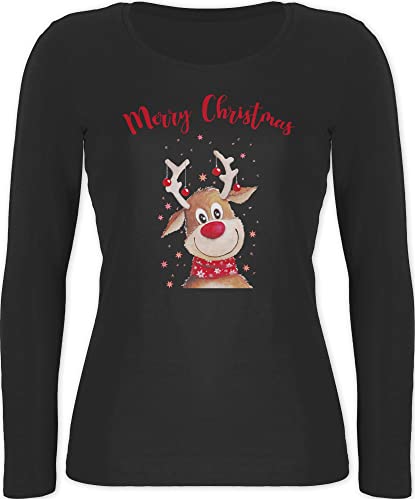 Langarmshirt Damen - Weihnachten - Merry Christmas Rentier I Elch - XS - Schwarz - Langarm weihnachtsshirt, Damen, weihnachtsshirt weihnachtsmotiv Familie Shirt lang weihnachtstshirts weihnacht von Shirtracer