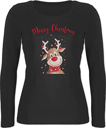 Langarmshirt Damen - Weihnachten Geschenke Bekleidung - Merry Christmas Rentier - L - Schwarz - Oberteil Weihnachts Sachen Shirt Langarm weinachst weihnachtsshirt weihnachtlich Longshirt von Shirtracer