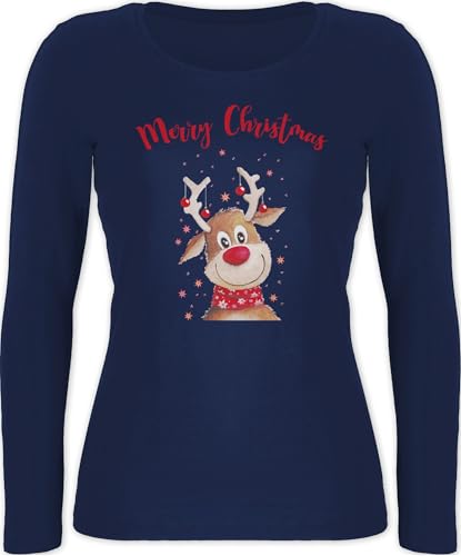 Langarmshirt Damen - Weihnachten - Merry Christmas Rentier I Elch - S - Marineblau - Langarm weihnachtsshirt, Damen, weihnachtsshirt weihnachtsmotiv Familie Shirt lang weihnachtstshirts weihnacht von Shirtracer