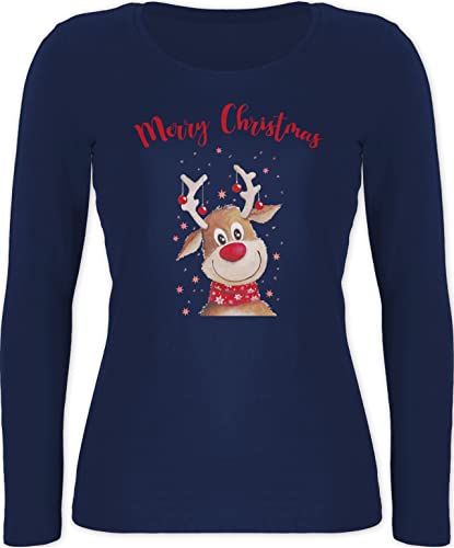 Langarmshirt Damen - Weihnachten Geschenke Bekleidung - Merry Christmas Rentier - XS - Marineblau - Weihnachts Longshirt weihnachtskleinigkeit Shirt Langarm weihnachtsoberteil Xmas Tshirt von Shirtracer