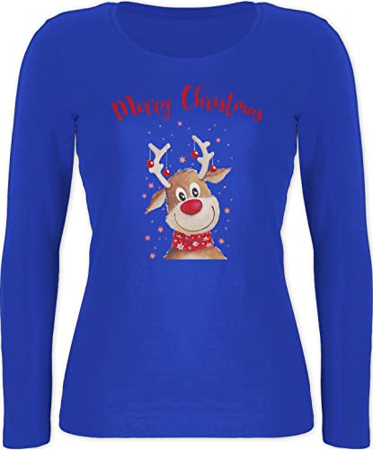 Langarmshirt Damen - Weihnachten Geschenke Bekleidung - Merry Christmas Rentier - XXL - Blau - Oberteil Weihnachts+Tshirt+Langarm+Damen Weihnachts Tshirt Langarm Longsleeve Long Sleeve Shirt von Shirtracer