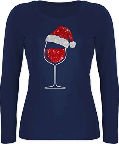 Langarmshirt Damen - Weihnachten Geschenke Christmas Bekleidung - Weinglas mit Weihnachtsmütze - L - Marineblau - Weihnachts Outfits Frauen x Mas weingläser Tshirt Langarm weihnachtsoutfit lustig von Shirtracer