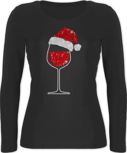 Langarmshirt Damen - Weihnachten Geschenke Christmas Bekleidung - Weinglas mit Weihnachtsmütze - S - Schwarz - Langarm weihnachtsshirt weihnachtskleinigkeit Chrismas Long Sleeve Shirt von Shirtracer