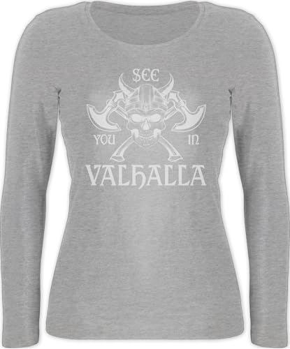 Langarmshirt Damen - Wikinger & Walhalla - See You in Valhalla - M - Grau meliert - Tshirt Viking Damenmode Vikings Skull Shirt Langarm vikinger Totenkopf Langarmshirts Kleidung von Shirtracer