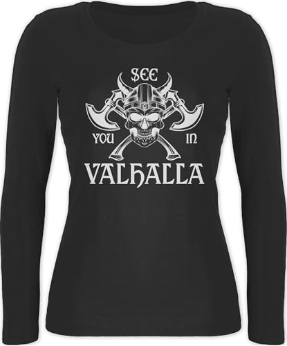 Langarmshirt Damen - Wikinger & Walhalla - See You in Valhalla - M - Schwarz - Tshirt Viking Damenmode Vikings Skull Shirt Langarm vikinger Totenkopf Langarmshirts Kleidung von Shirtracer