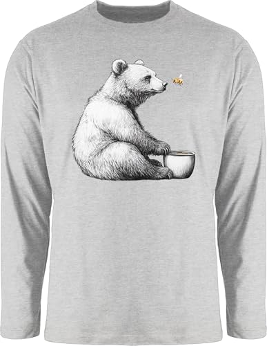 Langarmshirt Herren Langarm Shirt - Bär mit Honigtopf und Biene I Waldtiere Geschenk Bären Zeichnung I Geschenk Freundschaft Tiere - XL - Grau meliert von Shirtracer