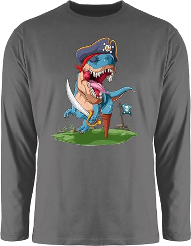 Langarmshirt Herren Langarm Shirt - Dinosaurier - T-Rex Dino Pirat Dinosaurier-Piratenabenteuer mit TRex Piraten-TRex - L - Dunkelgrau - Tshirt saurier Motiv t rex Longsleeve von Shirtracer