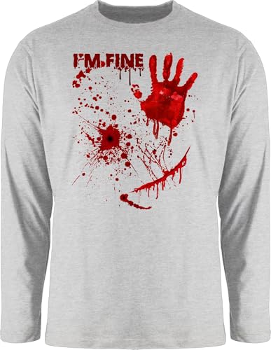Langarmshirt Herren Langarm Shirt - Halloween - Blutige Hände Blutspritzer Blut Blutflecken Gruselig Horror Killer - I'm Fine - XXL - Grau meliert - fine+Herren +Langarm t-Shirt lustig von Shirtracer