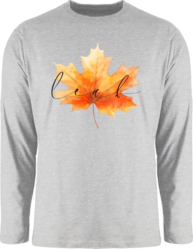 Langarmshirt Herren Langarm Shirt - Halloween - Herbstblatt | Herbstfarben | Herbstliches Blatt | Herbstmotiv Leaf - L - Grau meliert - t-Shirt lustig Haloween Outfits Oberteil t halowen Longsleeve von Shirtracer