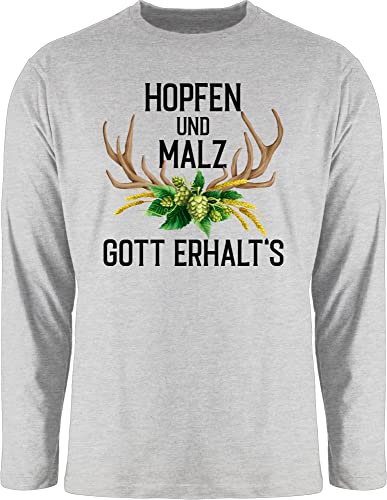 Langarmshirt Herren Langarm Shirt - Kompatibel Oktoberfest - Hopfen und Malz Gott erhalt's - mit Geweih & Weizen - 3XL - Grau meliert - bayrisches Outfit bayerischer Abend Trachten Oberteile von Shirtracer