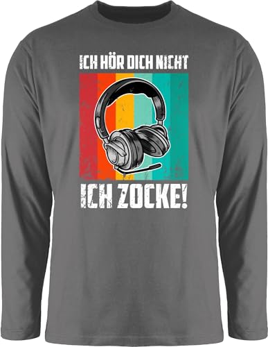 Langarmshirt Herren Langarm Shirt - Nerd Geschenke - Ich hör Dich Nicht Ich zocke Totenkopf weiß - XXL - Dunkelgrau - Geeks Outfit zocker Gamer Tshirt Geschenk zocken Geek kann hören Shirts von Shirtracer
