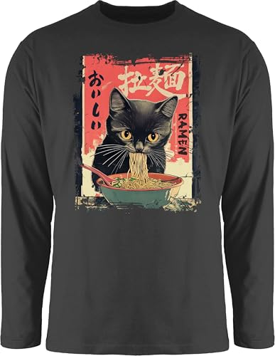 Langarmshirt Herren Langarm Shirt - Ramen Nudeln Katze Japan Anime Geschenke Katze I Manga Geschenk Kawaii Geschenk Cute Stuff Y2K I Japanese I Cat - L - Schwarz - Katzen Geschenk+Anime Eating von Shirtracer