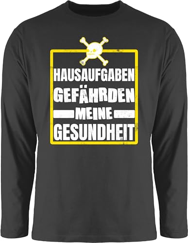 Langarmshirt Herren Langarm Shirt - Sprüche Statement mit Spruch - Hausaufgaben gefährden Meine Gesundheit - Totenkopf weiß/gelb - L - Schwarz - Geschenk zur Einschulung t sprueche Tshirt von Shirtracer