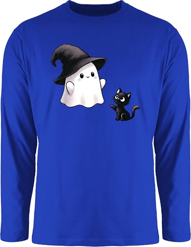 Langarmshirt Herren Langarm Shirt - Süßes Geister Motiv mit Katze | Halloween Katzenmotiv - L - Royalblau - t-Shirt lustig Haloween Outfits Oberteil t halowen Longsleeve Helloween hellowee von Shirtracer