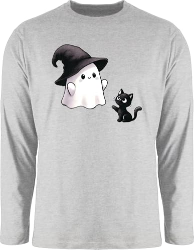 Langarmshirt Herren Langarm Shirt - Süßes Geister Motiv mit Katze | Halloween Katzenmotiv - XL - Grau meliert - t-Shirt lustig Haloween Outfits Oberteil t halowen Longsleeve Helloween hellowee von Shirtracer