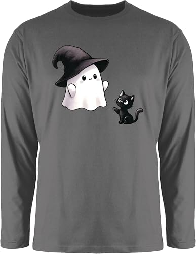 Langarmshirt Herren Langarm Shirt - Süßes Geister Motiv mit Katze | Halloween Katzenmotiv - XXL - Dunkelgrau - t-Shirt lustig Haloween Outfits Oberteil t halowen Longsleeve Helloween hellowee von Shirtracer