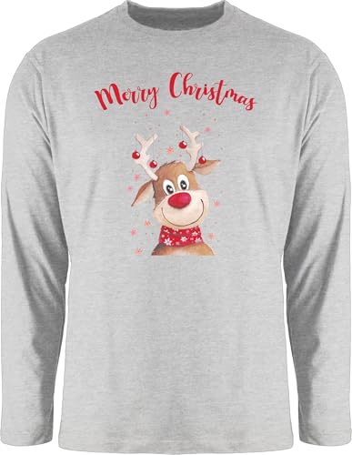 Langarmshirt Herren Langarm Shirt - Weihnachten - Merry Christmas Rentier I Elch - M - Grau meliert - t-Shirts weihnachtsoutfit weihnachtsmotiv Familie Tshirt weihnachtsoberteil weihnacht Rentiere von Shirtracer
