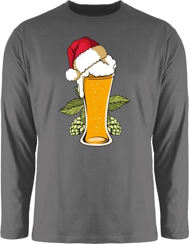 Langarmshirt Herren Langarm Shirt - Weihnachten Geschenke Christmas Bekleidung - Bierglas mit Weihnachtsmütze - L - Dunkelgrau - weihnachtsoutfit weihnachtsmotiv weihnachtsmützen Tshirt von Shirtracer