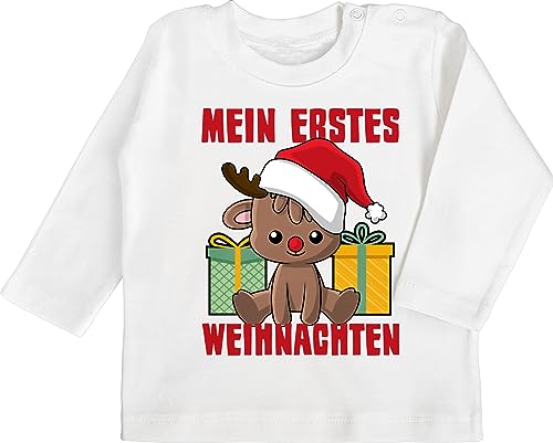 Baby Langarmshirt - Geschenke Christmas - Mein erstes Weihnachten mit Rentier - 12/18 Monate - Weiß - Langarmshirts für Baby-mädchen Outfit weihnachtsartikel erste t Shirts My First von Shirtracer