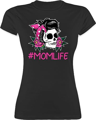 Shirt Damen - Mama - Momlife Rockabilly Totenkopf - S - Schwarz - muttertagsgeschenke von Kindern mom Mum Skull Tshirt Geschenke für Mamas mütter Life t-Shirt Mutter Geschenk Muttertag Oberteil von Shirtracer