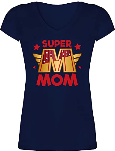 T-Shirt Damen V Ausschnitt - Super Mom I Supermom Heldin Mama - XS - Dunkelblau - muttertagsgeschenke Mum t Shirt werdene Geschenk Mutter superheldin Tshirts Muttertag ist EIN superheld von Shirtracer