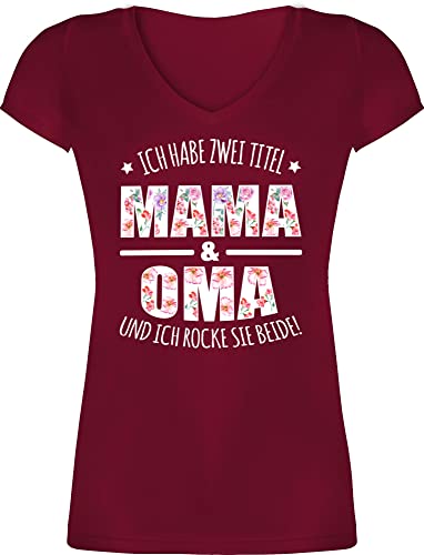 T-Shirt Damen V Ausschnitt - Geschenk - Habe Zwei Titel: Mama & Oma - M - Bordeauxrot - Geschenke zum Geburtstag für Omas Muttertag muttertagsgeschenk Geschenkideen frischgebackene beschriftung von Shirtracer