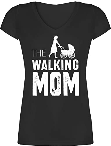 T-Shirt Damen V Ausschnitt - Mama - The Walking Mom weiß - S - Schwarz - zum Muttertag Mum Shirt Frauen Fuer Mutter t Shirts Mami Tshirt für t-Shirts Geschenke Tshirts Tag t-Shirt schöne von Shirtracer