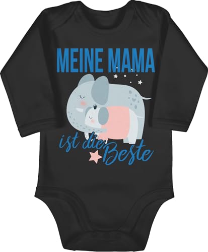 Baby Body langarm Mädchen Junge - Meine Mama ist die Beste Elefanten - 6/12 Monate - Schwarz - muddi mum bodys mamas sprüche strampler mutter best mom babybodys muttertagsgeschenk 1 muttertag von Shirtracer