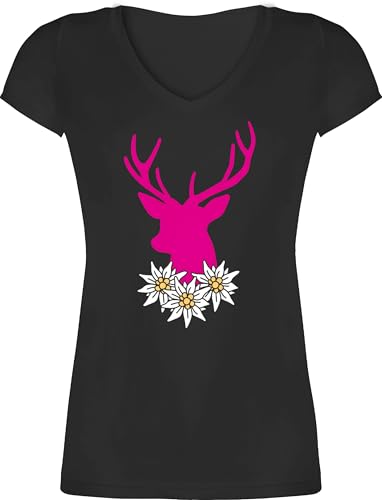 T-Shirt Damen V Ausschnitt - Kompatibel mit Oktoberfest - Hirsch I Jägerin - S - Schwarz - trachtenshirt Trachten-Tshirt bayrische Edelweiss Shirts trachtenoberteile tailliertes Trachten Tshirt von Shirtracer