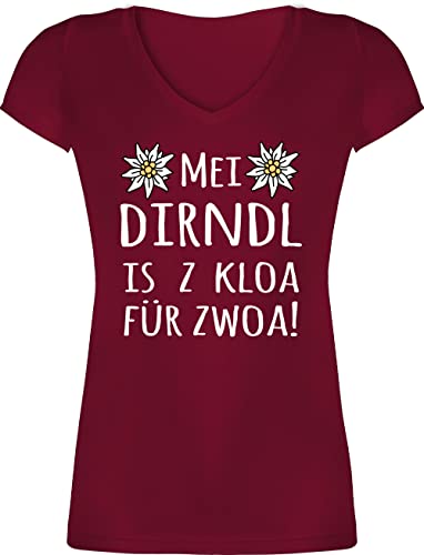 T-Shirt Damen V Ausschnitt - Kompatibel mit Oktoberfest - MEI Dirndl is z kloa für zwoa! weiß - M - Bordeauxrot - Tracht Umstandsmode trachtenshirt bayrische Mein Tshirt Trachten t Shirt von Shirtracer