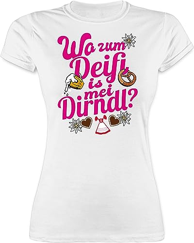 Shirt Damen - Kompatibel mit Oktoberfest - Wo zum Deifi is MEI Dirndl - L - Weiß - trachtenshirt für Trachten t Shirts Frauen Bayern Tshirt mädchen t-Shirt ersatz Oktoberfest-Outfits Oktober von Shirtracer