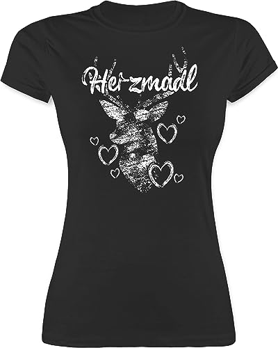 Shirt Damen - Kompatibel mit Oktoberfest - Herzmadl Hirsch - L - Schwarz - Trachten Tshirt October fest Women t Shirts t-Shirt Trachten- Tshirts bayerisch tailliert trachtenshirt Kurzarm von Shirtracer