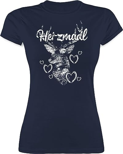 Kompatibel mit Oktoberfest Damen Trachtenshirt - Herzmadl mit Hirsch und Herzen - weiß - M - Navy Blau - Bluse mit Herzen - L191 - Tailliertes Tshirt für Damen und Frauen T-Shirt von Shirtracer