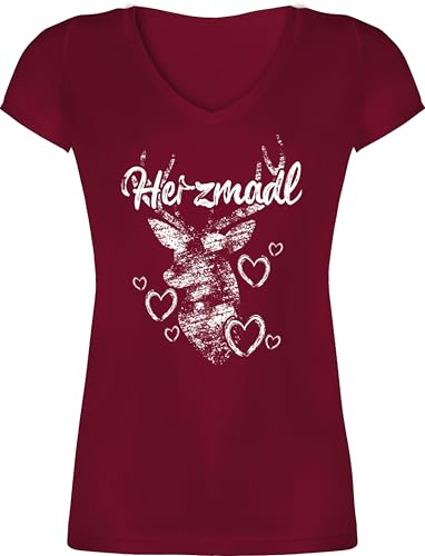 T-Shirt Damen V Ausschnitt - Kompatibel mit Oktoberfest - Herzmadl Hirsch - XS - Bordeauxrot - trachtenshirt Trachten-Tshirt bayrische geweih Shirts Oktoberfest-t-Shirt tailliertes Trachten Tshirt von Shirtracer