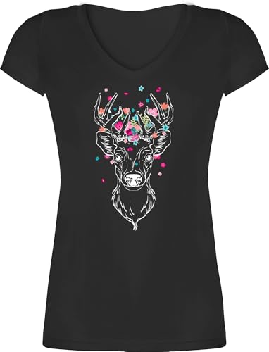 T-Shirt Damen V Ausschnitt - Kompatibel mit Oktoberfest - Hirsch - Hirschmotiv Geweih - XL - Schwarz - trachtenshirt Trachten-Tshirt bayrische hirschen Tshirt Trachten-t-Shirt trachtenshirts von Shirtracer